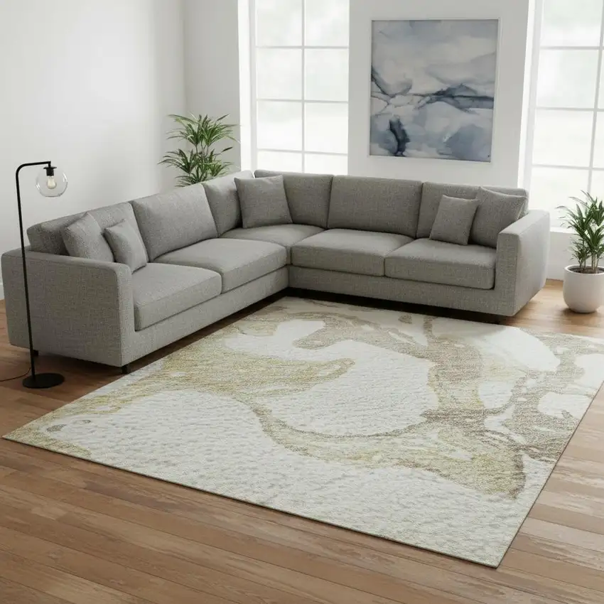 Ivory Beige And Gold Abstract Washable Area Rug With UV Protection Photo 2