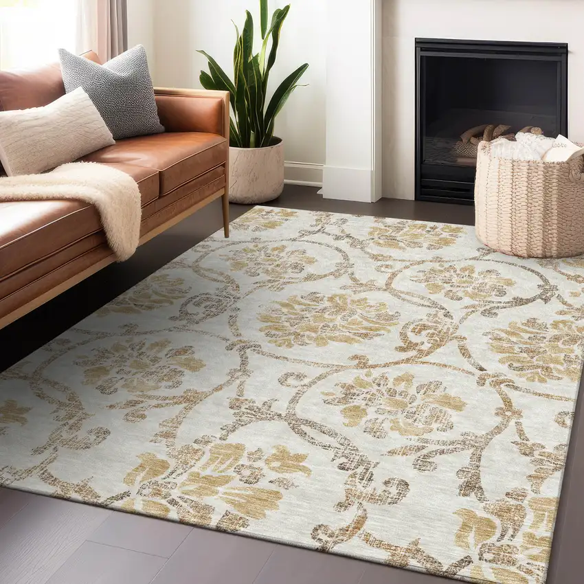 Ivory Beige And Gold Floral Washable Area Rug With UV Protection Photo 6