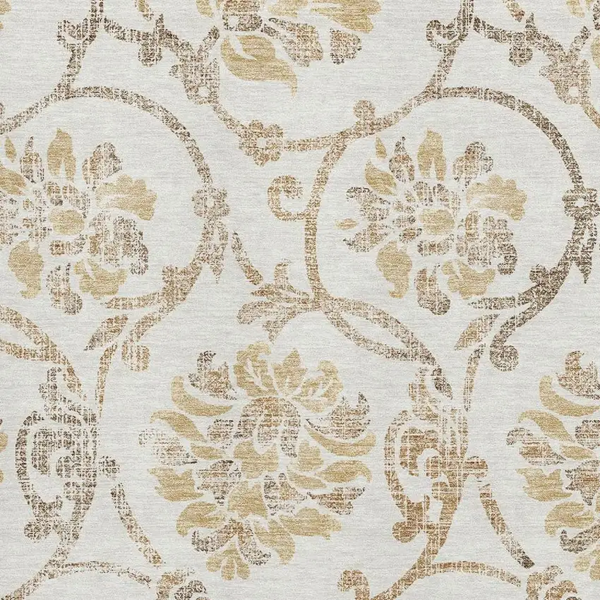 Ivory Beige And Gold Floral Washable Area Rug With UV Protection Photo 3