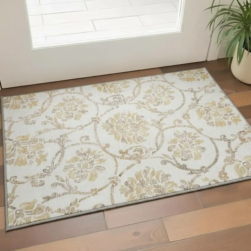 Ivory Beige And Gold Floral Washable Area Rug With UV Protection Photo 2