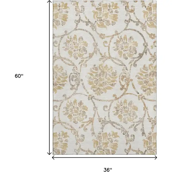 Ivory Beige And Gold Floral Washable Area Rug With UV Protection Photo 3