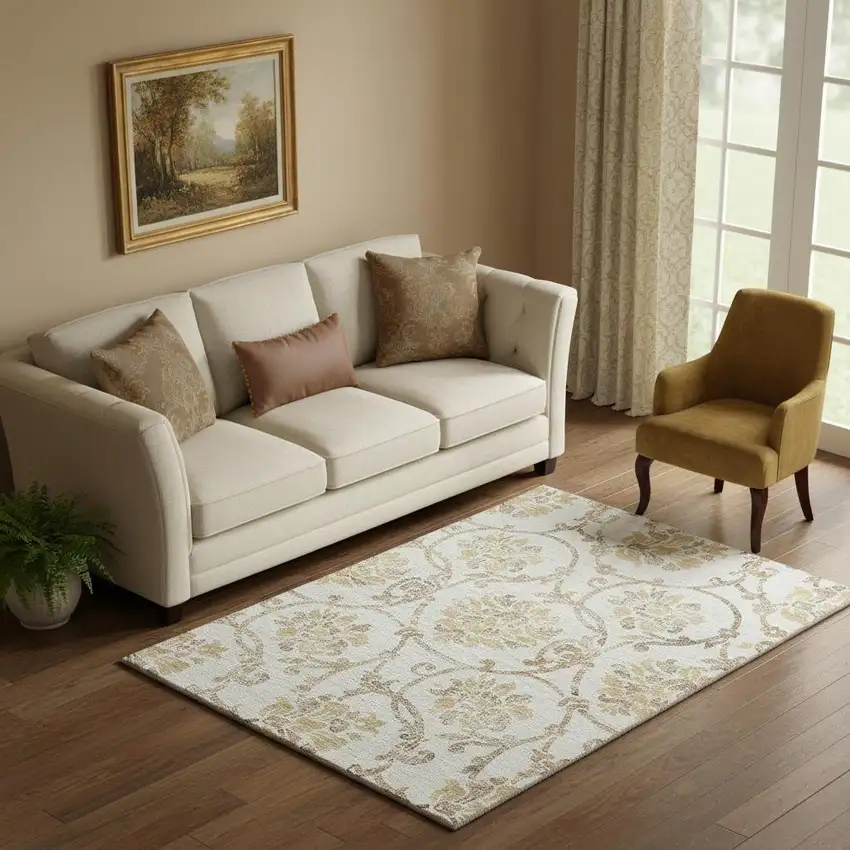 Ivory Beige And Gold Floral Washable Area Rug With UV Protection Photo 1