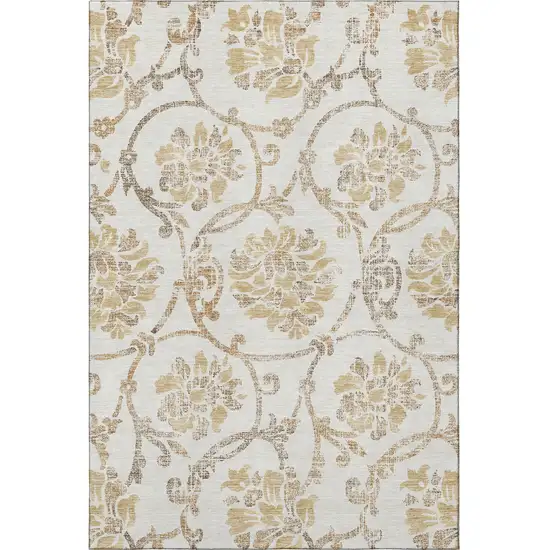 Ivory Beige And Gold Floral Washable Area Rug With UV Protection Photo 4