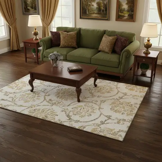 Ivory Beige And Gold Floral Washable Area Rug With UV Protection Photo 2