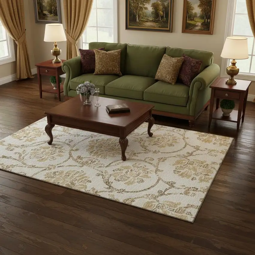 Ivory Beige And Gold Floral Washable Area Rug With UV Protection Photo 2