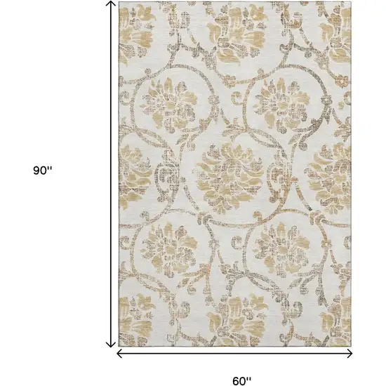 Ivory Beige And Gold Floral Washable Area Rug With UV Protection Photo 3