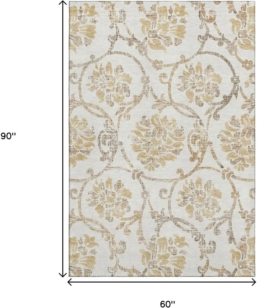 Ivory Beige And Gold Floral Washable Area Rug With UV Protection Photo 3
