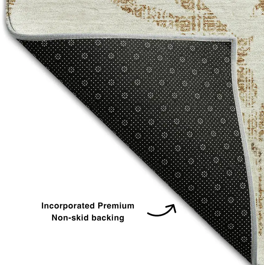 Ivory Beige And Gold Floral Washable Area Rug With UV Protection Photo 7