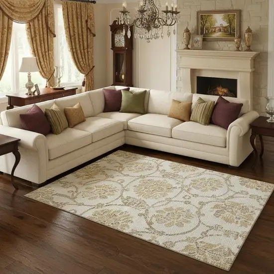 Ivory Beige And Gold Floral Washable Area Rug With UV Protection Photo 2