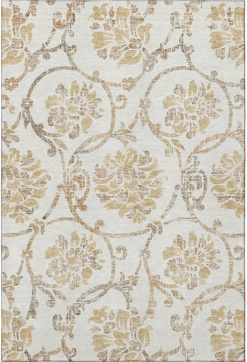 Ivory Beige And Gold Floral Washable Area Rug With UV Protection Photo 4