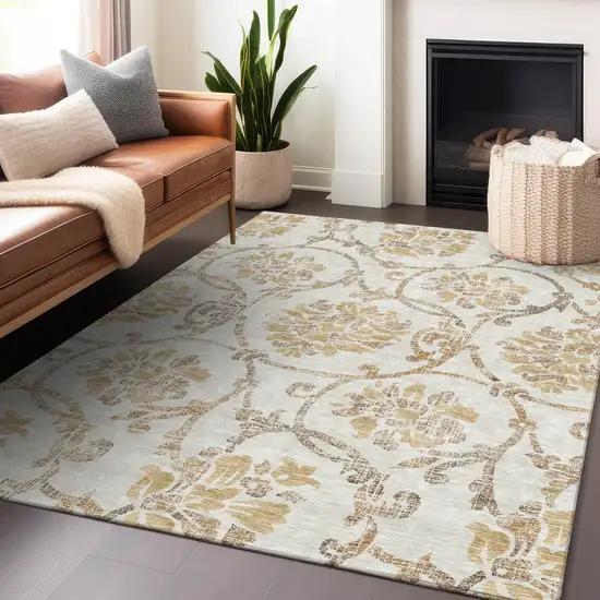 Ivory Beige And Gold Floral Washable Area Rug With UV Protection Photo 6