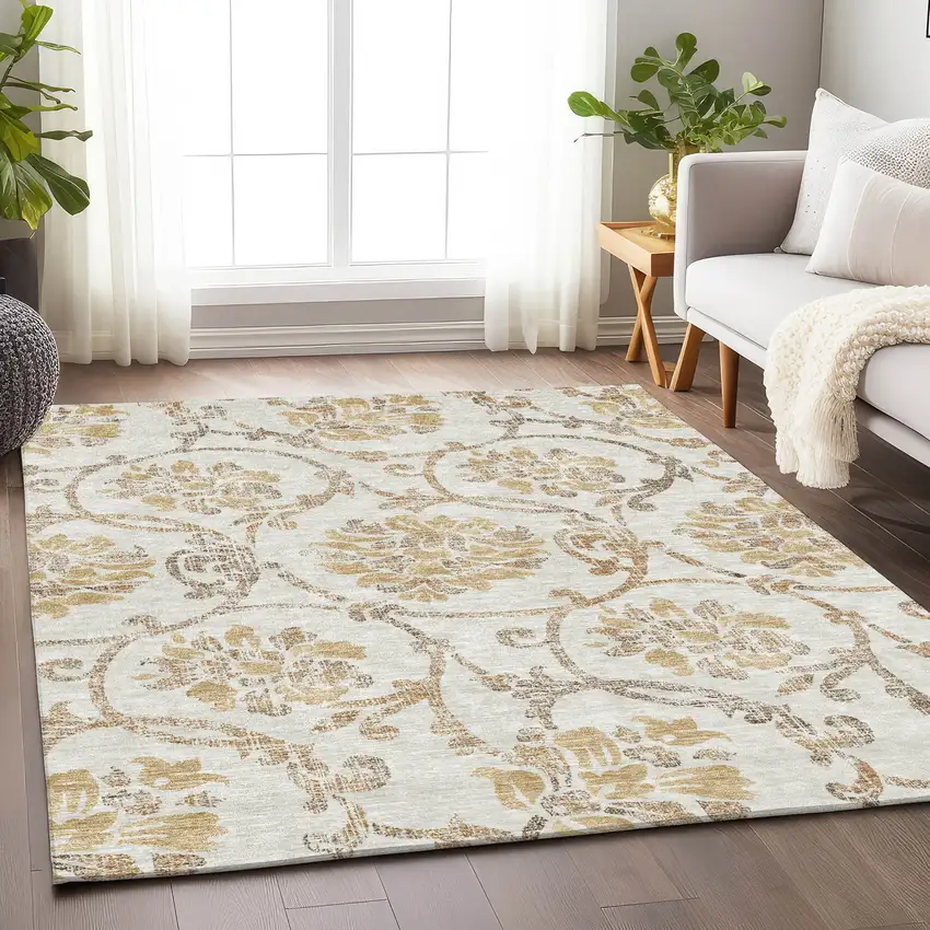Ivory Beige And Gold Floral Washable Area Rug With UV Protection Photo 5