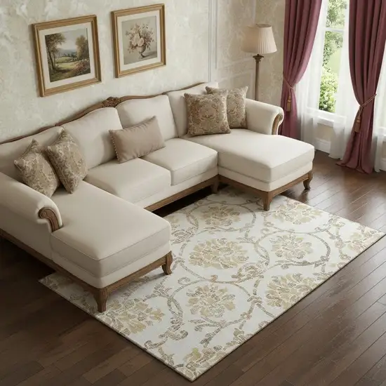 Ivory Beige And Gold Floral Washable Area Rug With UV Protection Photo 1