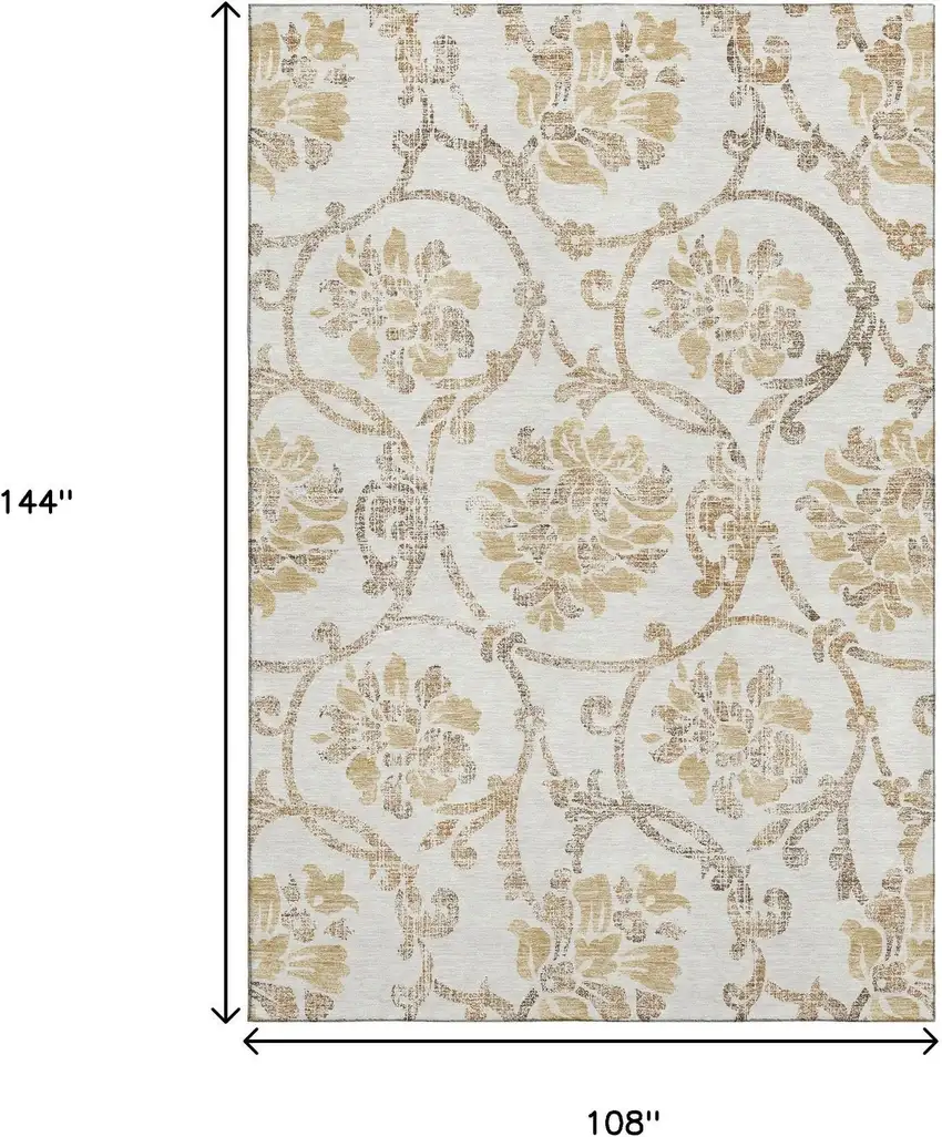Ivory Beige And Gold Floral Washable Area Rug With UV Protection Photo 3