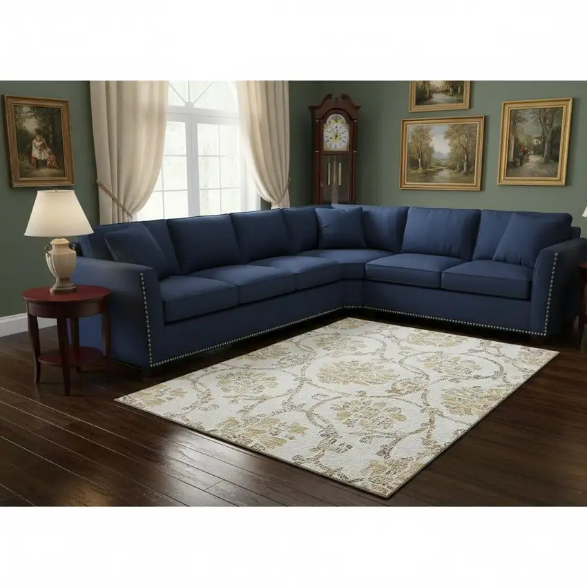 Ivory Beige And Gold Floral Washable Area Rug With UV Protection Photo 2