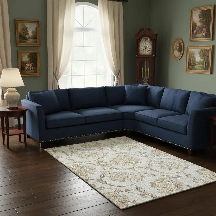 Ivory Beige And Gold Floral Washable Area Rug With UV Protection Photo 2