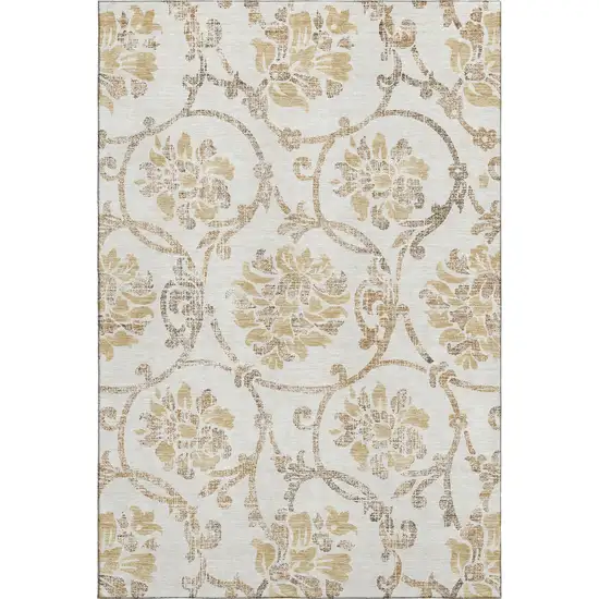 Ivory Beige And Gold Floral Washable Area Rug With UV Protection Photo 1