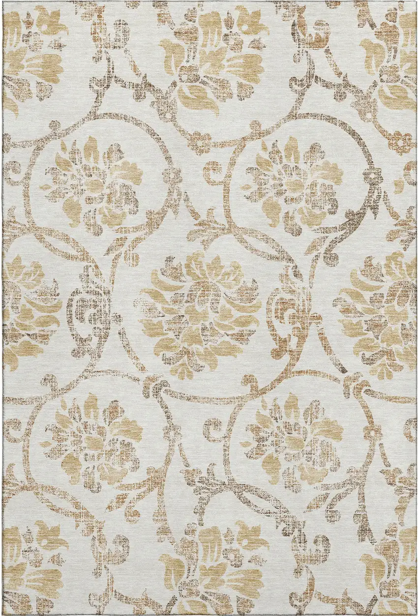 Ivory Beige And Gold Floral Washable Area Rug With UV Protection Photo 1