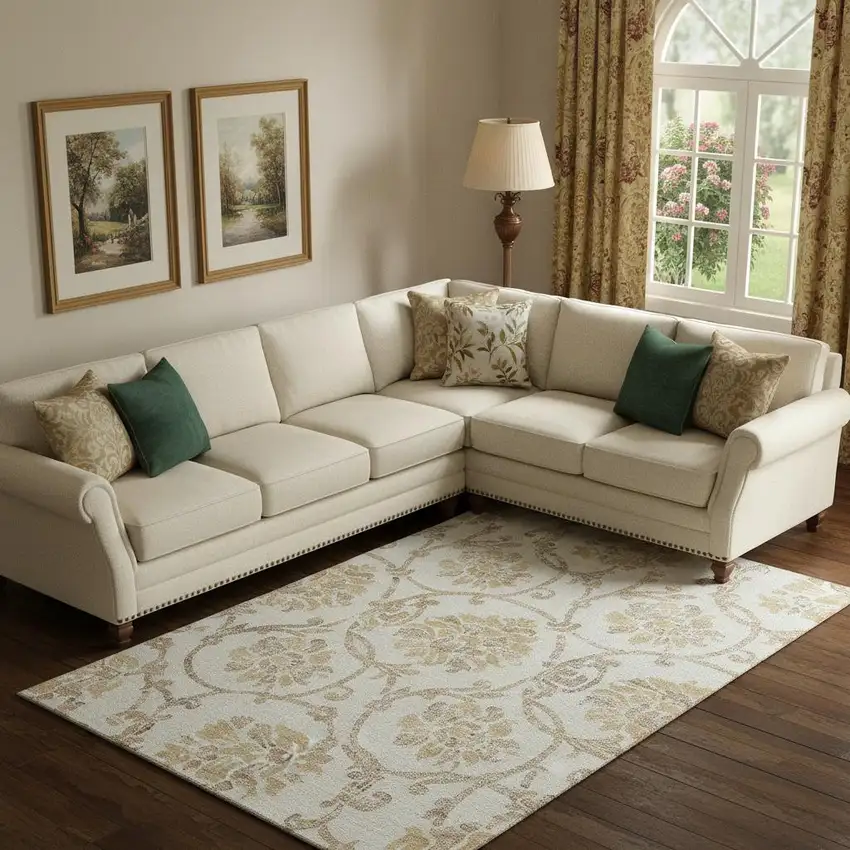 Ivory Beige And Gold Floral Washable Area Rug With UV Protection Photo 1