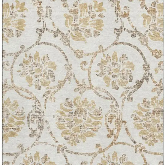 Ivory Beige And Gold Floral Washable Area Rug With UV Protection Photo 4