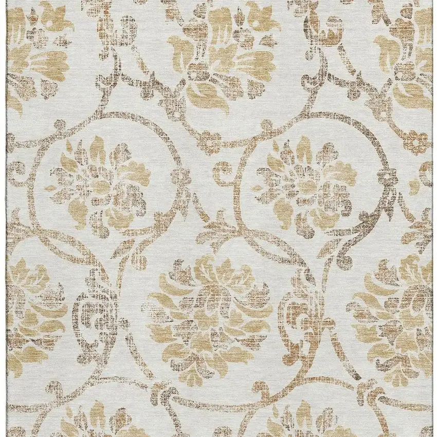 Ivory Beige And Gold Floral Washable Area Rug With UV Protection Photo 4