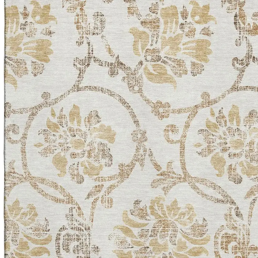 Ivory Beige And Gold Floral Washable Area Rug With UV Protection Photo 3