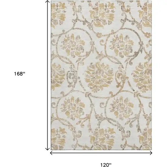 Ivory Beige And Gold Floral Washable Area Rug With UV Protection Photo 3