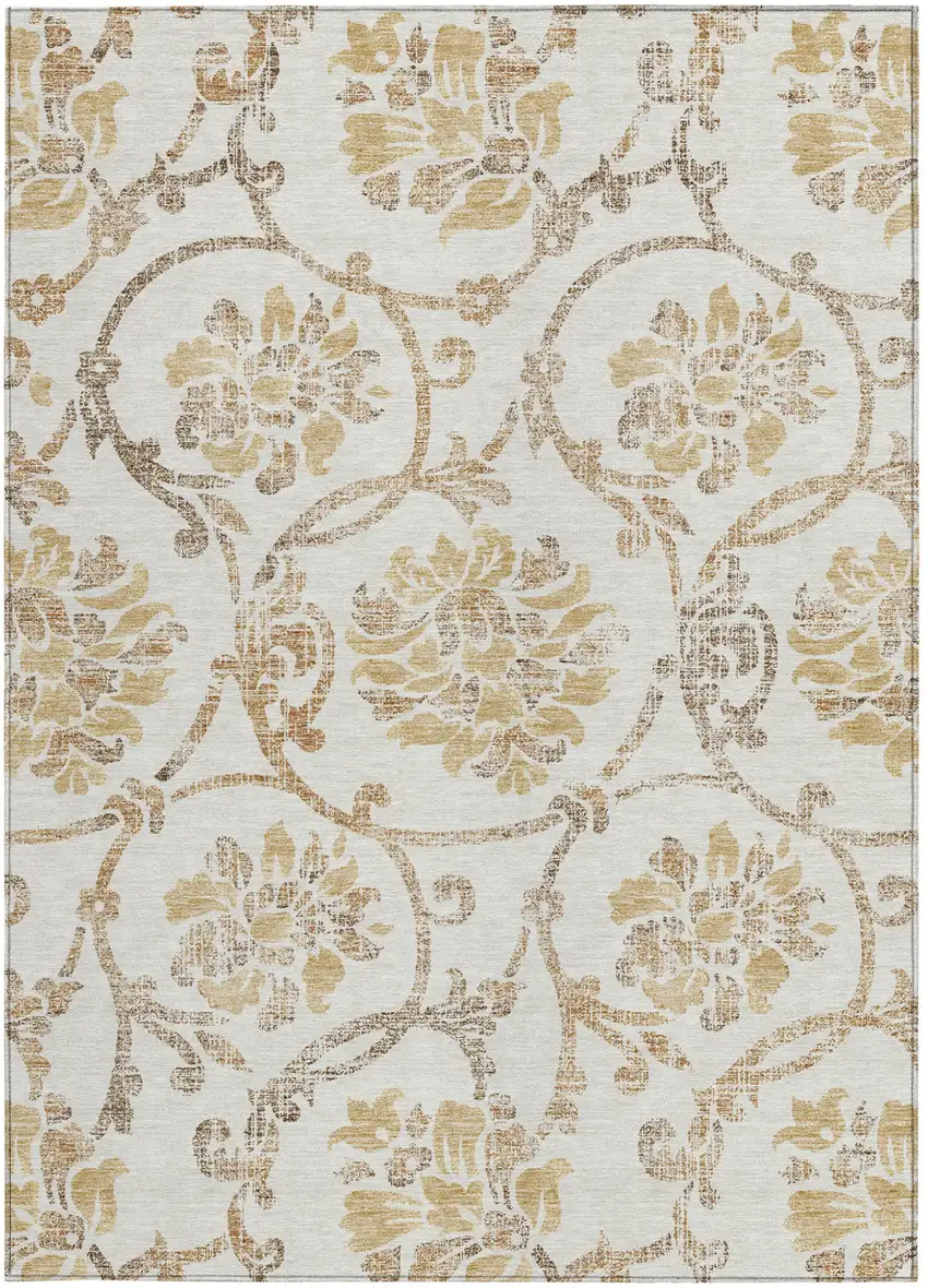 Ivory Beige And Gold Floral Washable Indoor Outdoor Area Rug Photo 5