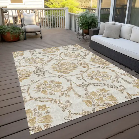 Ivory Beige And Gold Floral Washable Indoor Outdoor Area Rug Photo 9