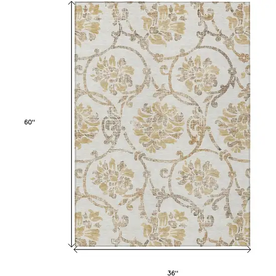 Ivory Beige And Gold Floral Washable Indoor Outdoor Area Rug Photo 6