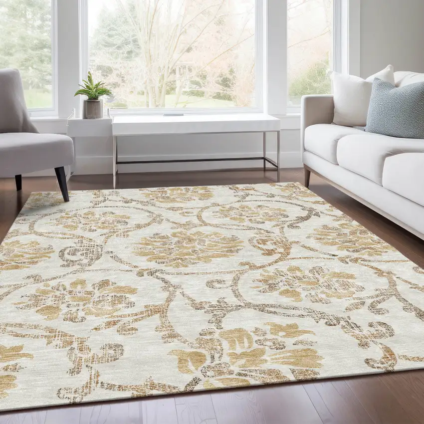 Ivory Beige And Gold Floral Washable Indoor Outdoor Area Rug Photo 7