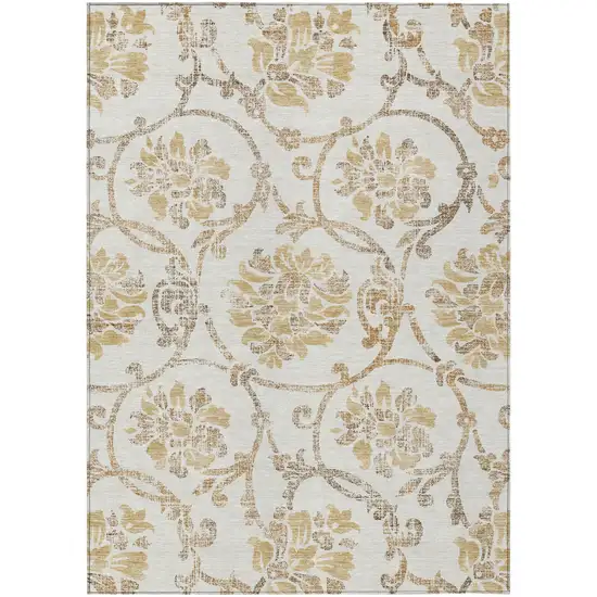 Ivory Beige And Gold Floral Washable Indoor Outdoor Area Rug Photo 2