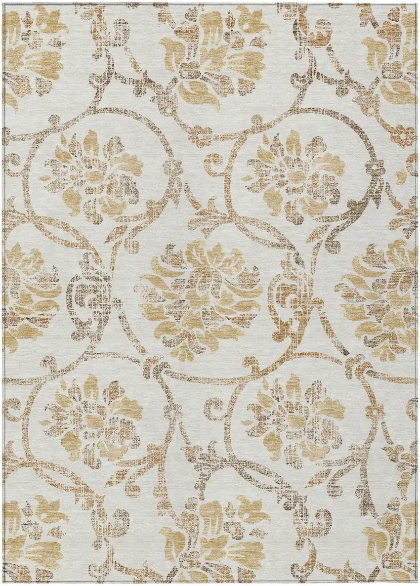 Ivory Beige And Gold Floral Washable Indoor Outdoor Area Rug Photo 2
