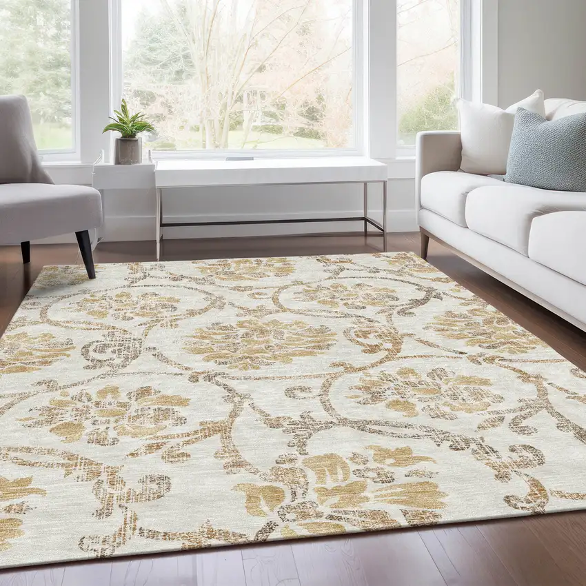 Ivory Beige And Gold Floral Washable Indoor Outdoor Area Rug Photo 7