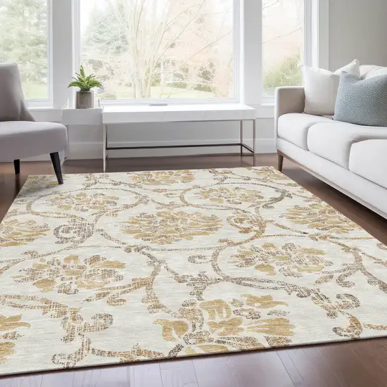 Ivory Beige And Gold Floral Washable Indoor Outdoor Area Rug Photo 7