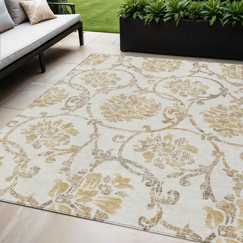 Ivory Beige And Gold Floral Washable Indoor Outdoor Area Rug Photo 1