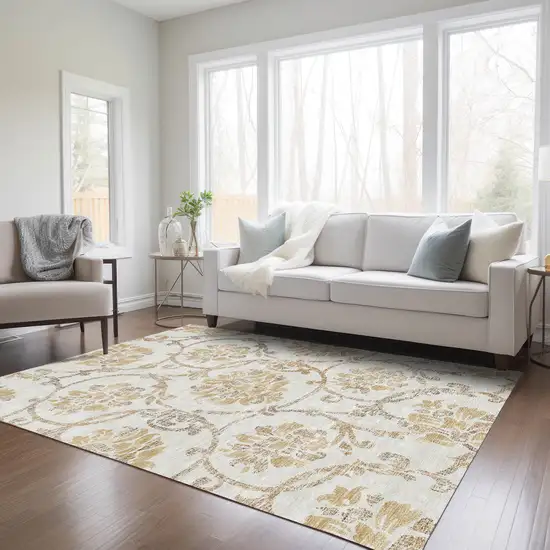 Ivory Beige And Gold Floral Washable Indoor Outdoor Area Rug Photo 8