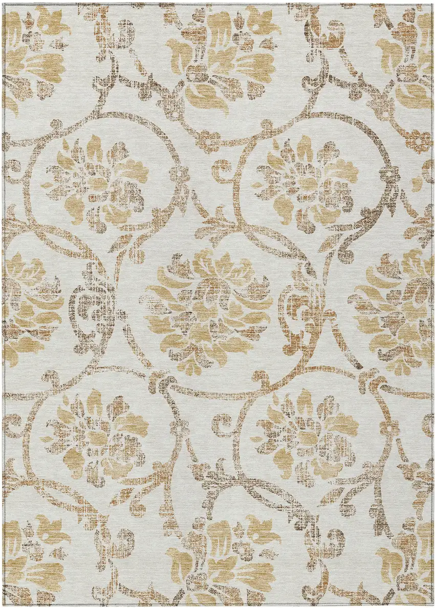 Ivory Beige And Gold Floral Washable Indoor Outdoor Area Rug Photo 1