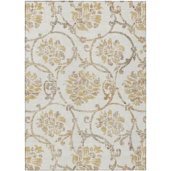 Ivory Beige And Gold Floral Washable Indoor Outdoor Area Rug Photo 1