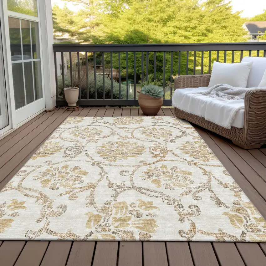Ivory Beige And Gold Floral Washable Indoor Outdoor Area Rug Photo 6