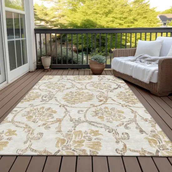 Ivory Beige And Gold Floral Washable Indoor Outdoor Area Rug Photo 6