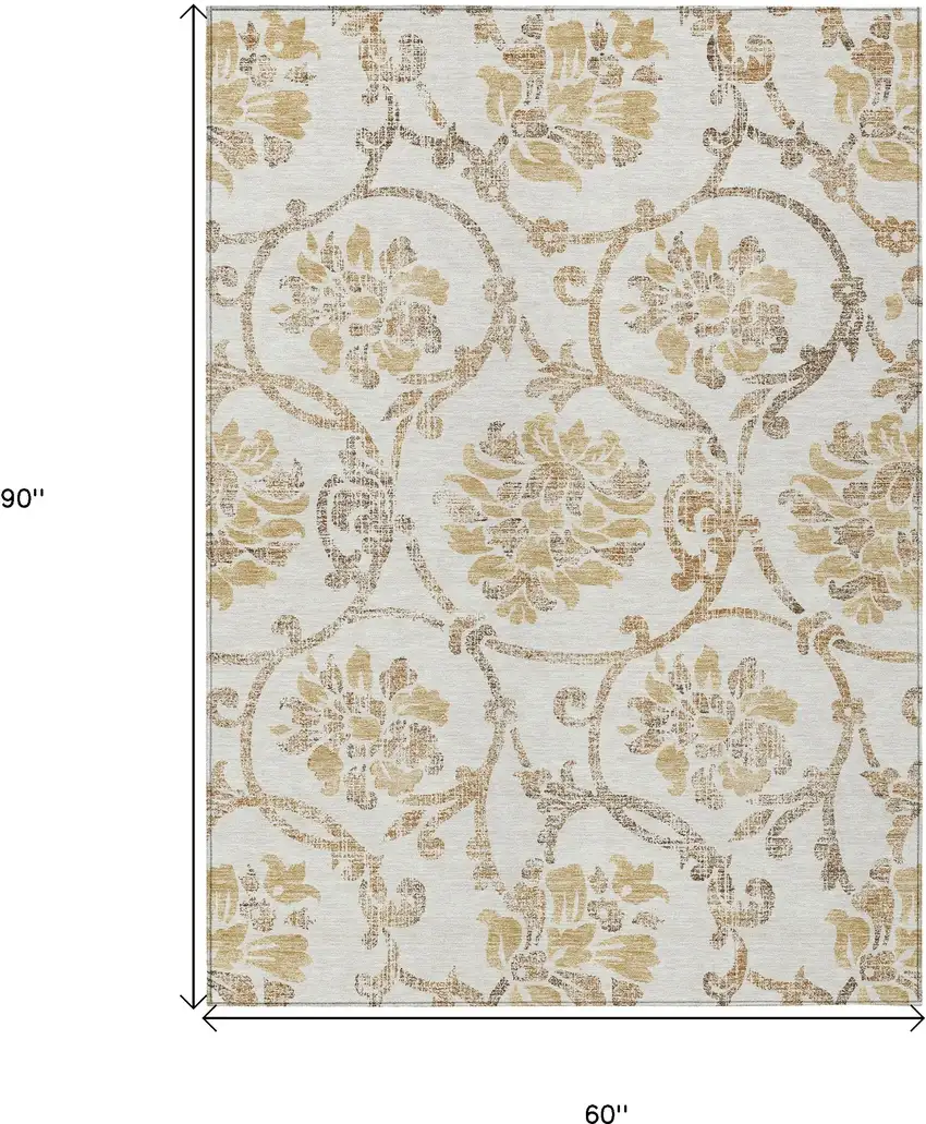 Ivory Beige And Gold Floral Washable Indoor Outdoor Area Rug Photo 3