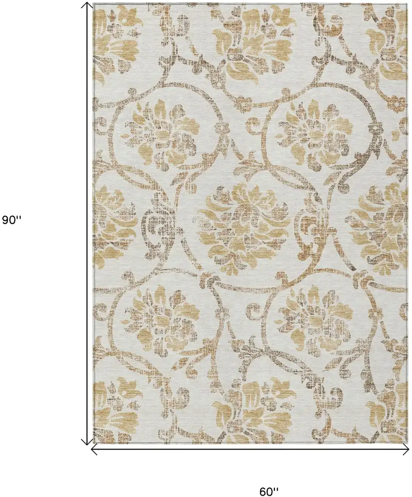 Ivory Beige And Gold Floral Washable Indoor Outdoor Area Rug Photo 3