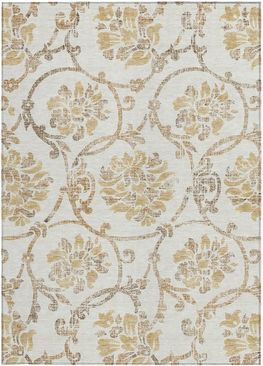 Ivory Beige And Gold Floral Washable Indoor Outdoor Area Rug Photo 5