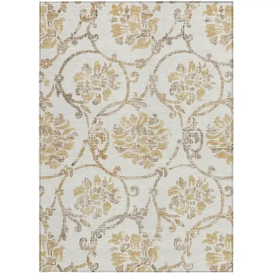 Ivory Beige And Gold Floral Washable Indoor Outdoor Area Rug Photo 5
