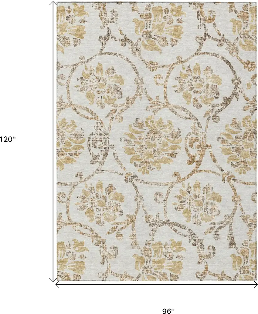 Ivory Beige And Gold Floral Washable Indoor Outdoor Area Rug Photo 3