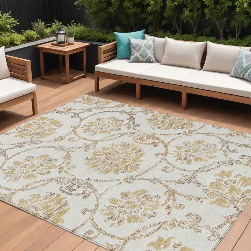 Ivory Beige And Gold Floral Washable Indoor Outdoor Area Rug Photo 1