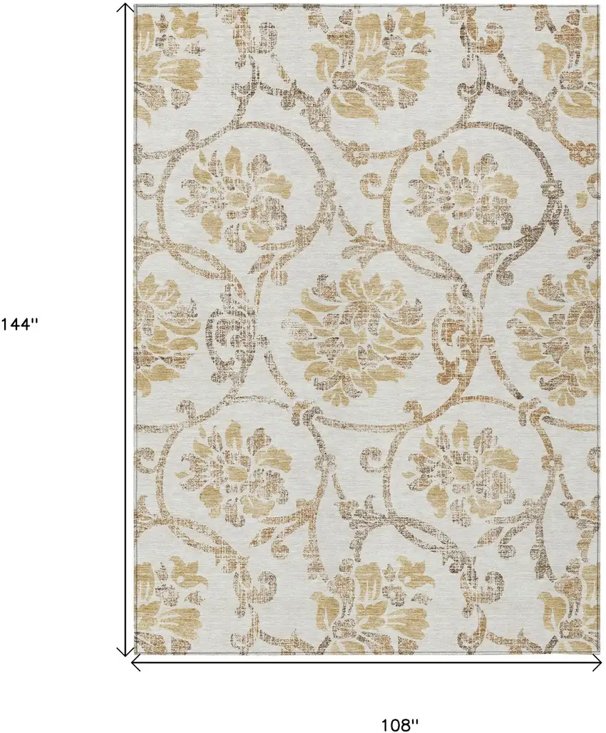 Ivory Beige And Gold Floral Washable Indoor Outdoor Area Rug Photo 3