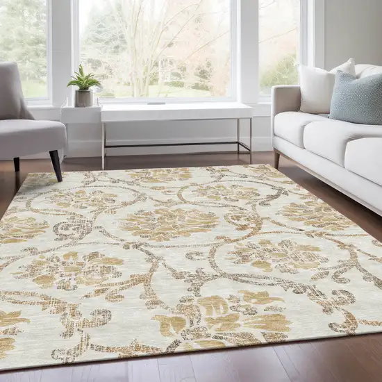 Ivory Beige And Gold Floral Washable Indoor Outdoor Area Rug Photo 7