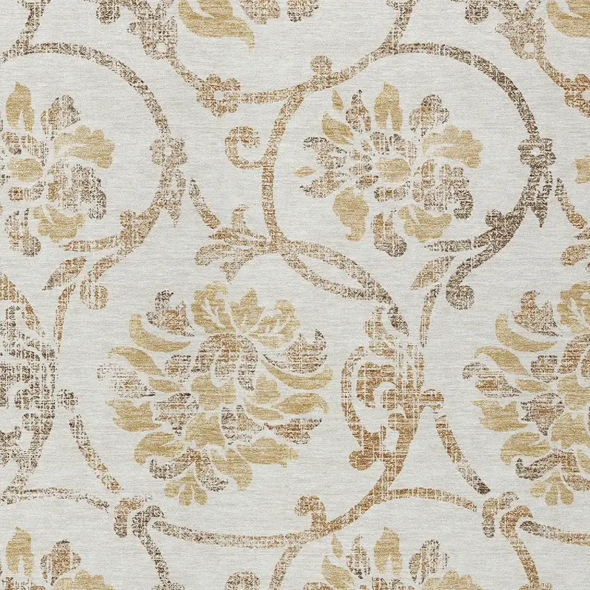 Ivory Beige And Gold Floral Washable Indoor Outdoor Area Rug Photo 4